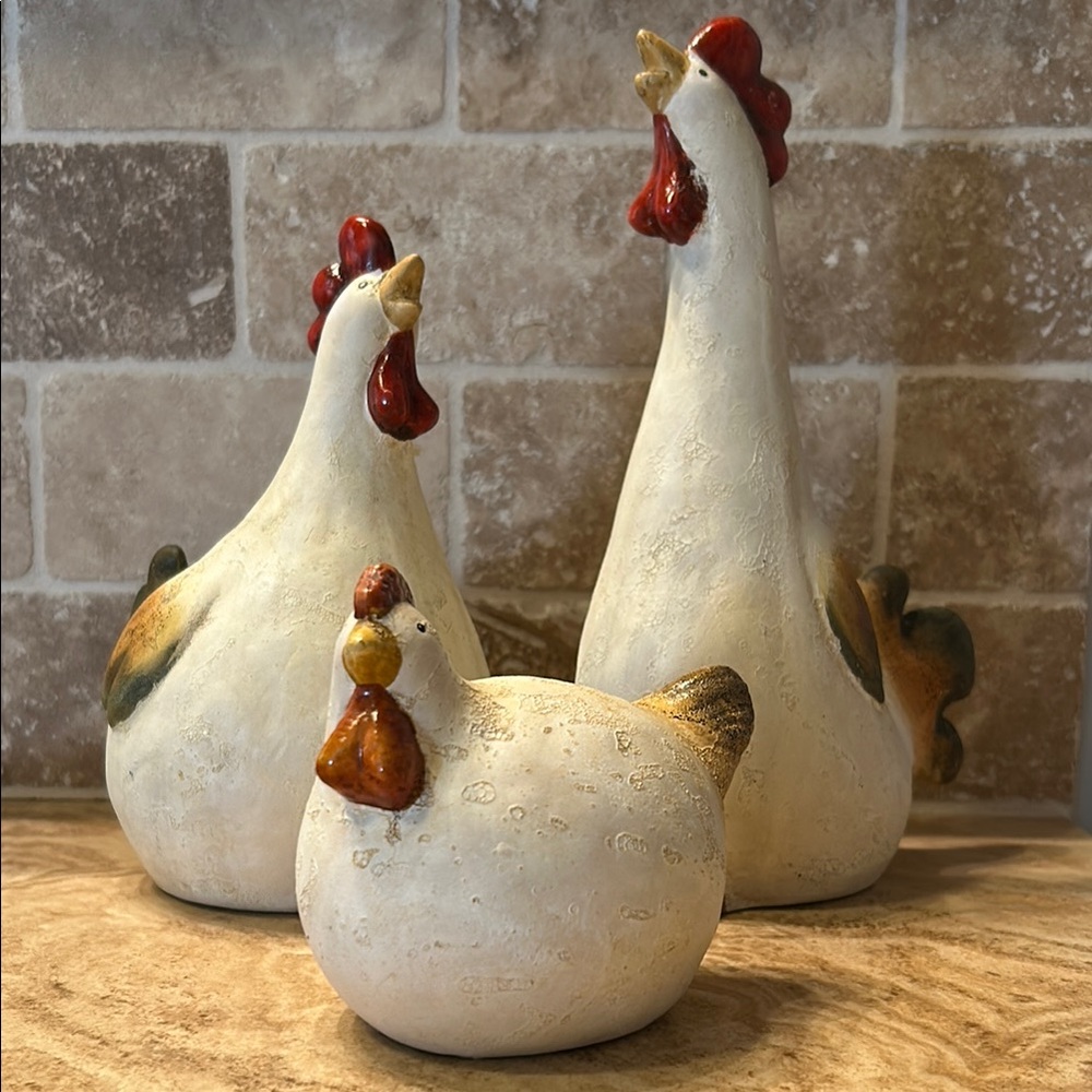 Rustic Ceramic Rooster Figurines Set